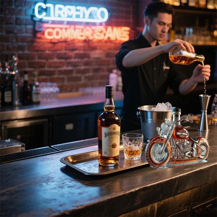 Must-have barudstyr: Motorcykel-inspireret glaskaraffel til whisky og spiritus i hjemmebaren.