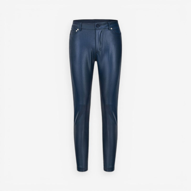 Skræddersyede dame højtaljede bukser med stilfuld knap og funktionelle lommer. Perfekt til et elegant kvindeoutfit.