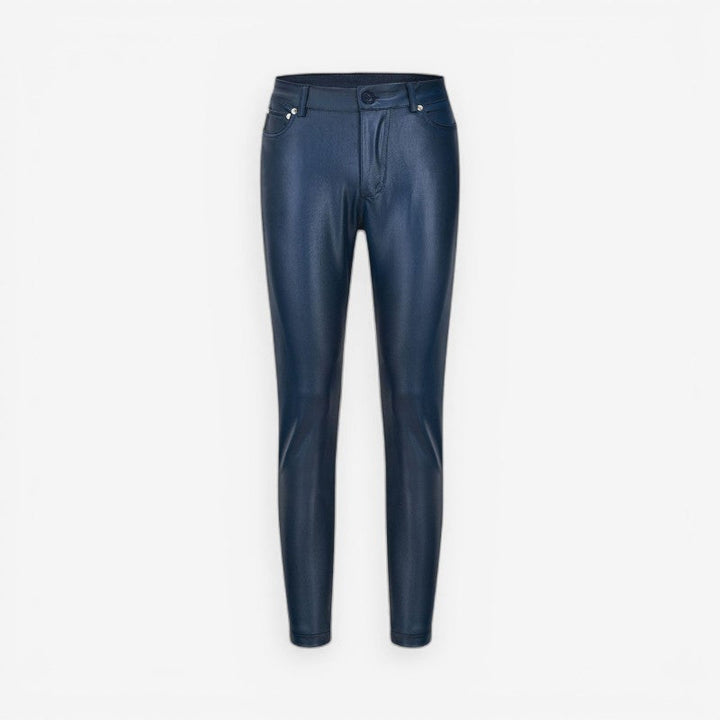 Skræddersyede dame højtaljede bukser med stilfuld knap og funktionelle lommer. Perfekt til et elegant kvindeoutfit.