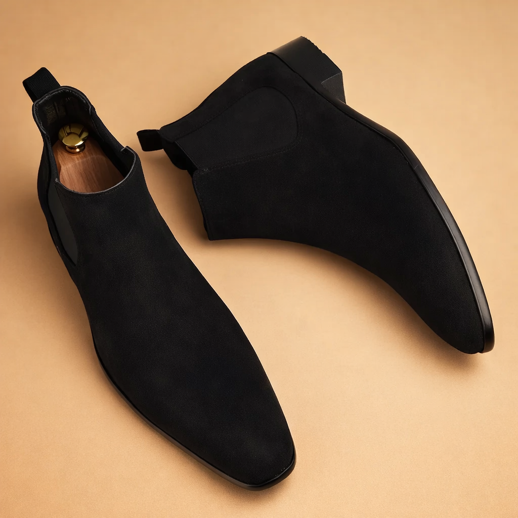 Sorte moderne slip-on Chelsea støvler til herre. Komfortable vinter- og efterårsstøvler.
