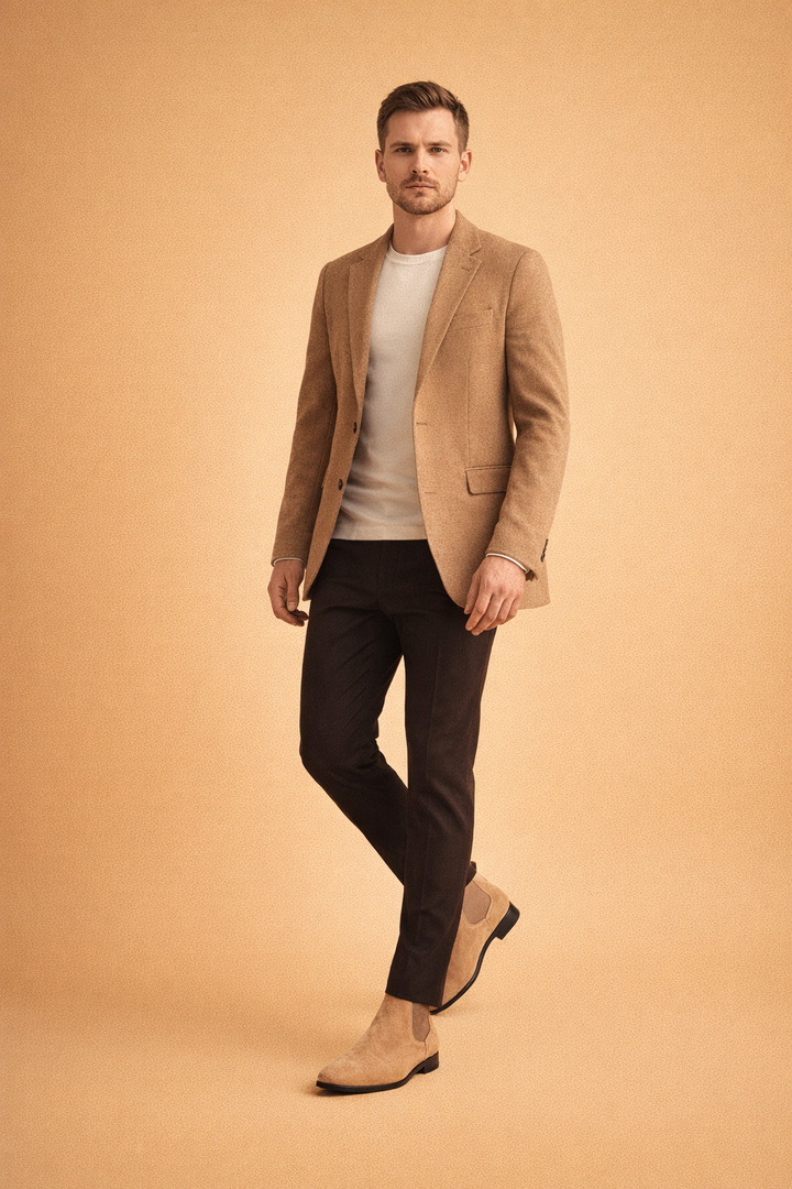 Beige Chelsea støvler til mænd. Moderne og komfortable slip-on støvler med tidløs stil.