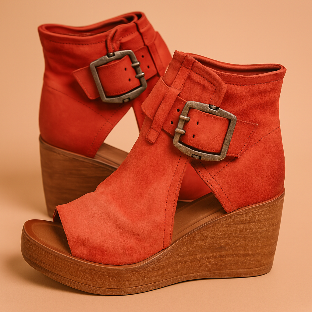 Kvinder's kilehælsandaler med elegant design og stort spænde. Høj hæl for mode og stil.