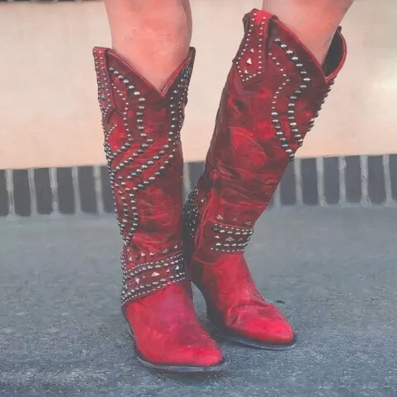 Profilbillede af elegante kvinder støvler med skinnende perler, spids tå og en slank silhuet. Dame mode støvler.