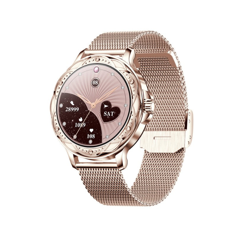 "Elegante smartwatch til kvinder med metalrem, slankt design og touchskærm, perfekt til stilfulde tech-entusiaster."
