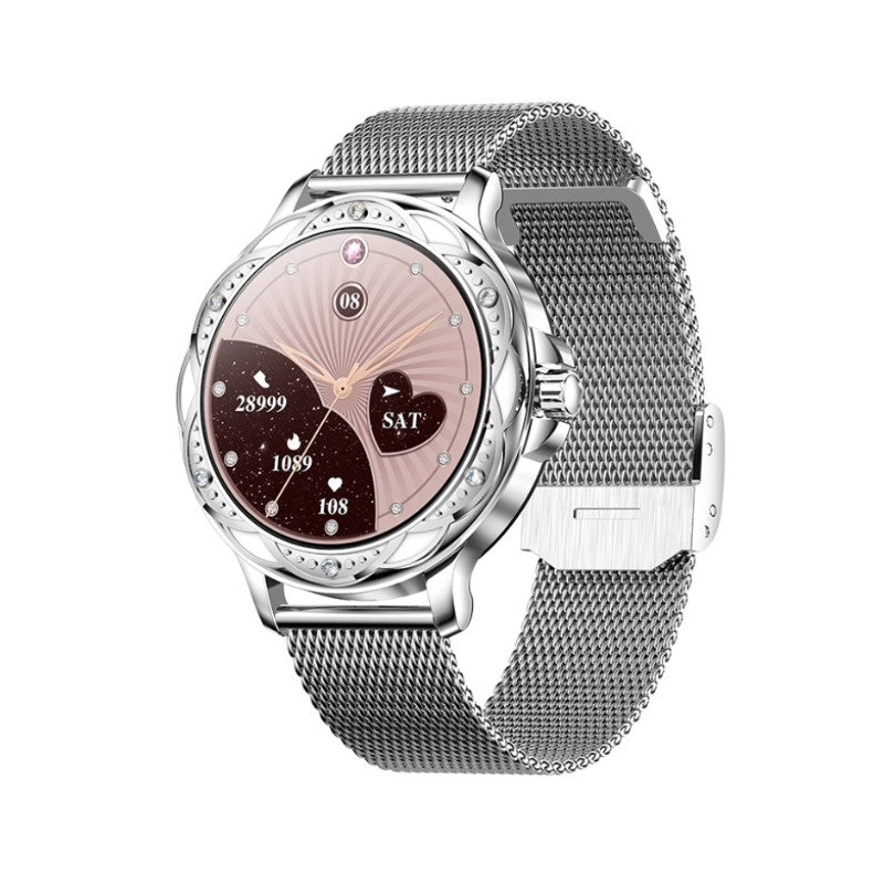 "Elegante smartwatch til kvinder med metalrem, slankt design og touchskærm, perfekt til stilfulde tech-entusiaster."