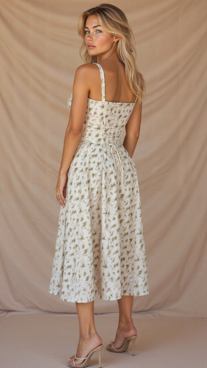 Elegante talje-kjole i champagnefarve med bustier-design og forførende sideslids, ideel til sommerens fester.