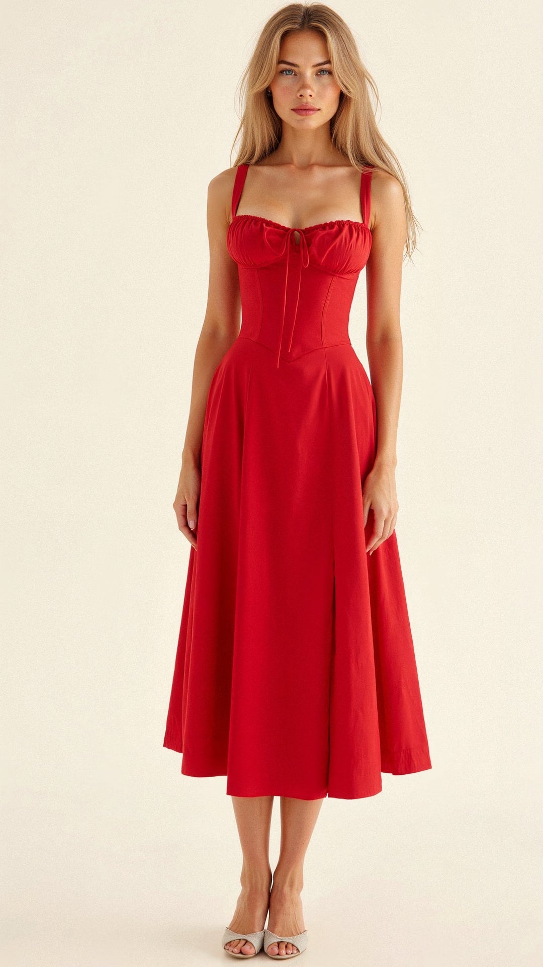 Elegante talje-kjole i champagnefarve med bustier-design og forførende sideslids, ideel til sommerens fester.