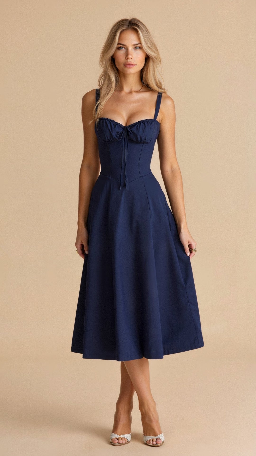 Elegante talje-kjole i champagnefarve med bustier-design og forførende sideslids, ideel til sommerens fester.