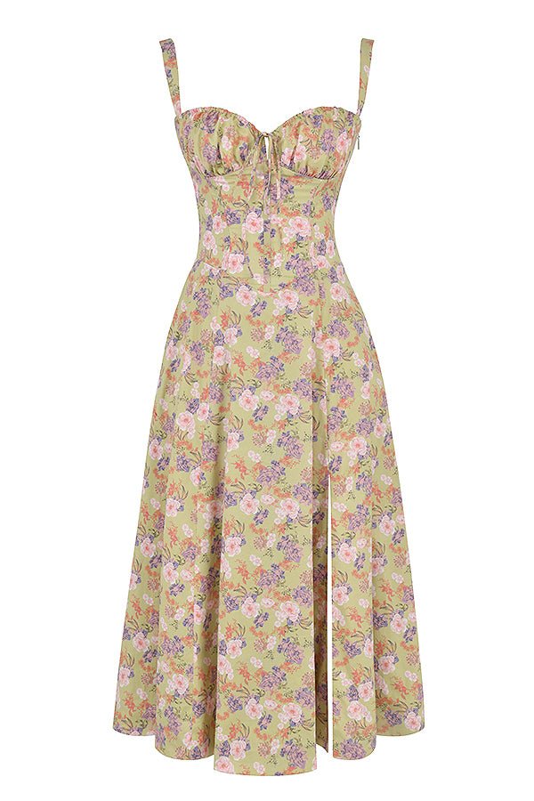 Elegante talje-kjole i champagnefarve med bustier-design og forførende sideslids, ideel til sommerens fester.