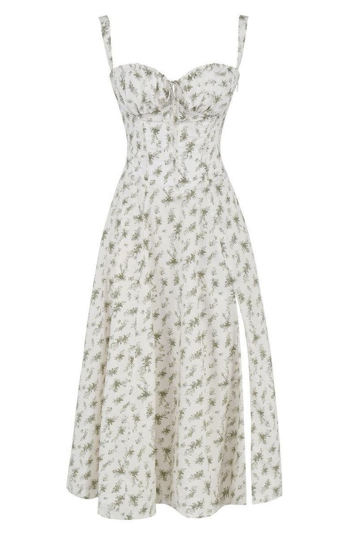 Elegante talje-kjole i champagnefarve med bustier-design og forførende sideslids, ideel til sommerens fester.