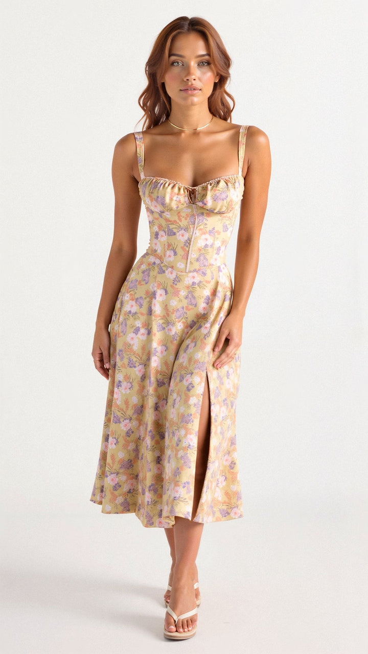 Elegante talje-kjole i champagnefarve med bustier-design og forførende sideslids, ideel til sommerens fester.