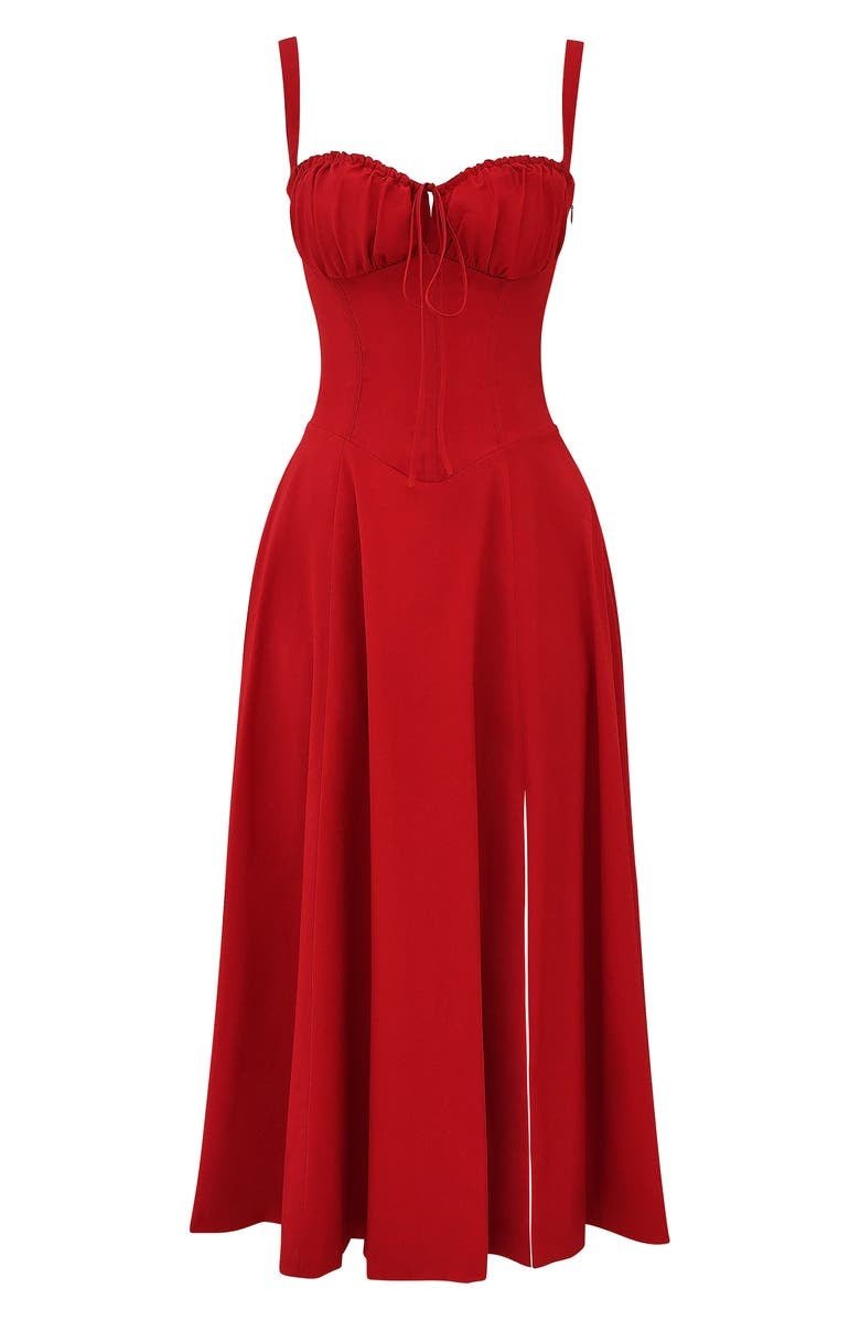 Elegante talje-kjole i champagnefarve med bustier-design og forførende sideslids, ideel til sommerens fester.