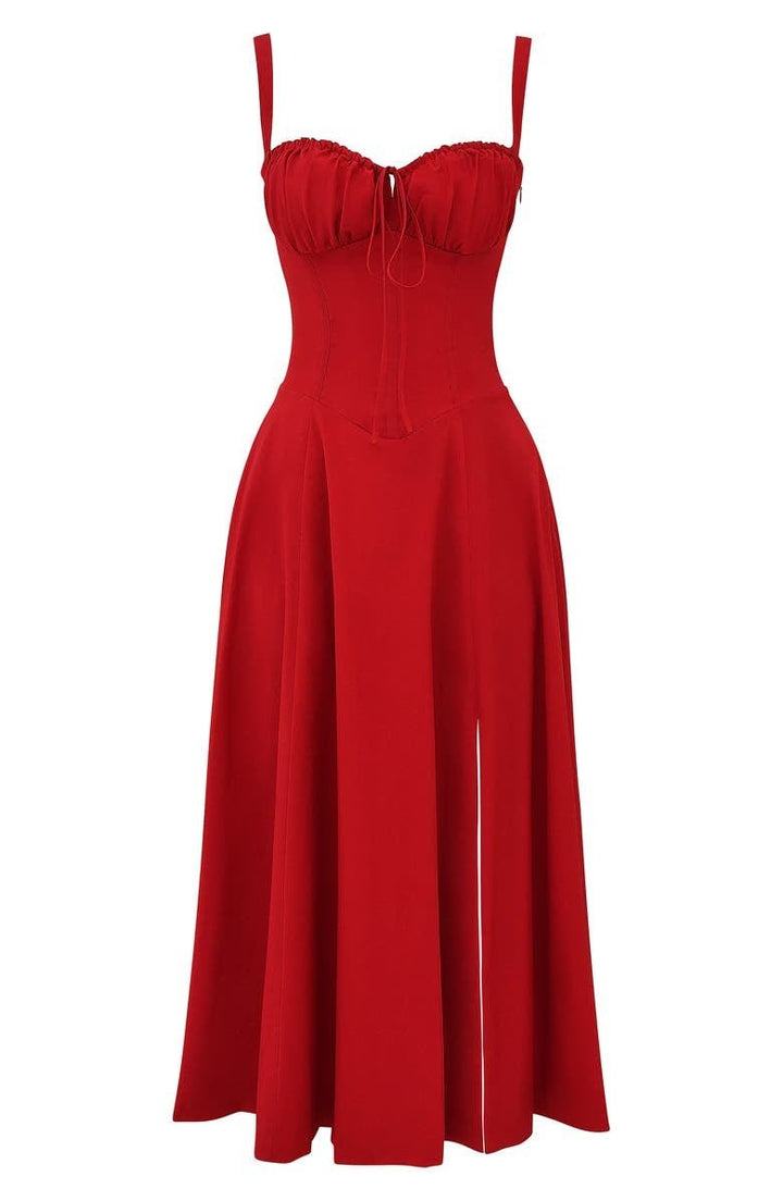 Elegante talje-kjole i champagnefarve med bustier-design og forførende sideslids, ideel til sommerens fester.