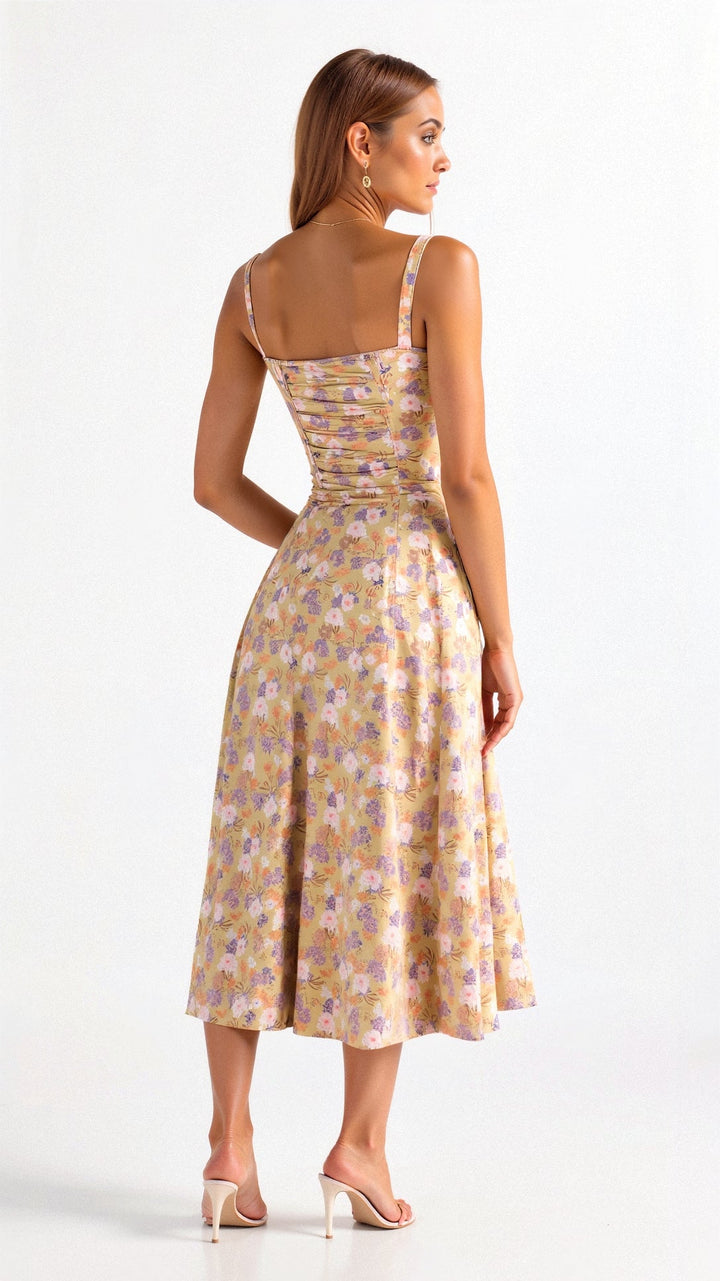 Elegante talje-kjole i champagnefarve med bustier-design og forførende sideslids, ideel til sommerens fester.