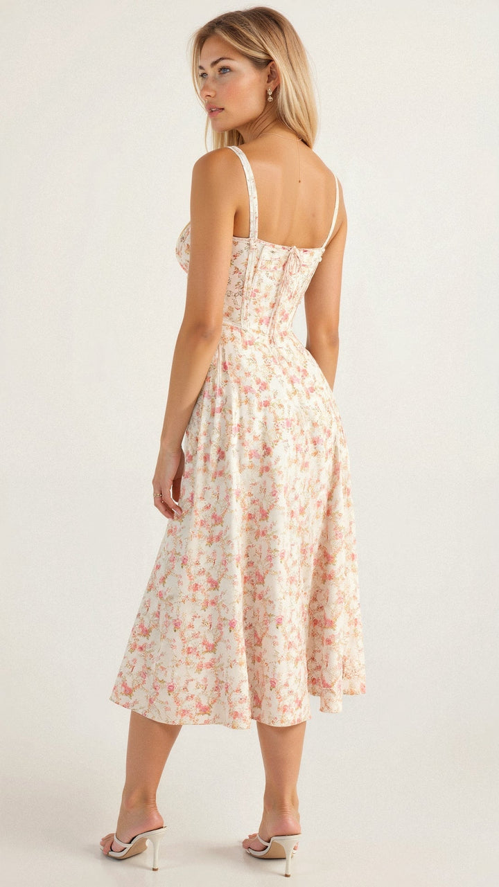 Elegante talje-kjole i champagnefarve med bustier-design og forførende sideslids, ideel til sommerens fester.