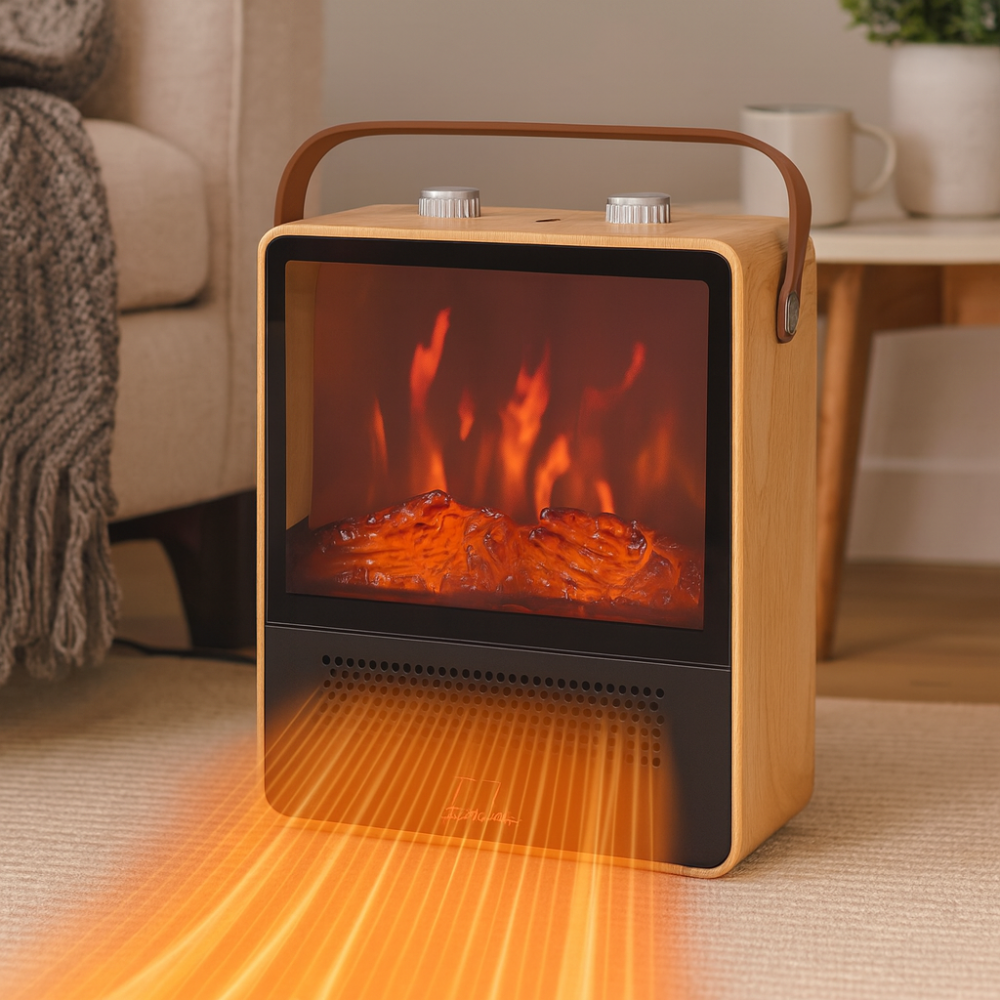 Elektrisk varmeblæser med realistisk pejseflamme. Skaber hygge og varme i ethvert hjem.