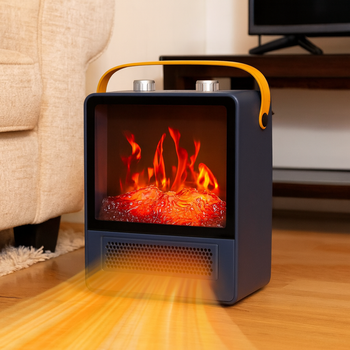 Kompakt elektrisk varmeblæser med realistisk 3D flamme. Hurtig opvarmning og stemningsfuld dekoration.