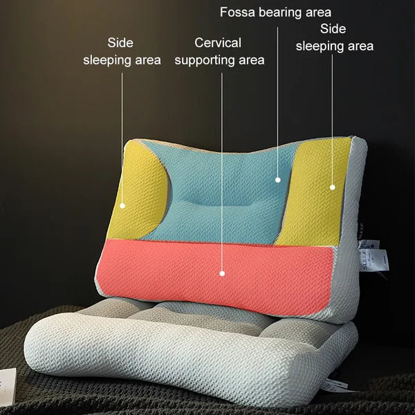 Detalje af den ergonomiske hovedpudes støttende design, perfekt til smertelindring og wellness i soveværelset.