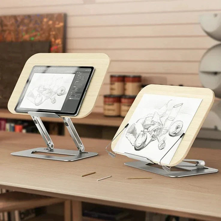 Sammenklappeligt tablet holder i aluminium. Ergonomisk stand til iPad, e-bogslæser på skrivebordet.