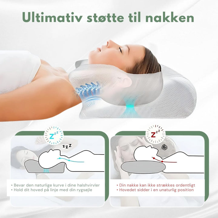 Ergonomisk ortopædisk pude i hvid-grå, memoryskum designet til nakkestøtte og maksimal sovekomfort i soveværelset.