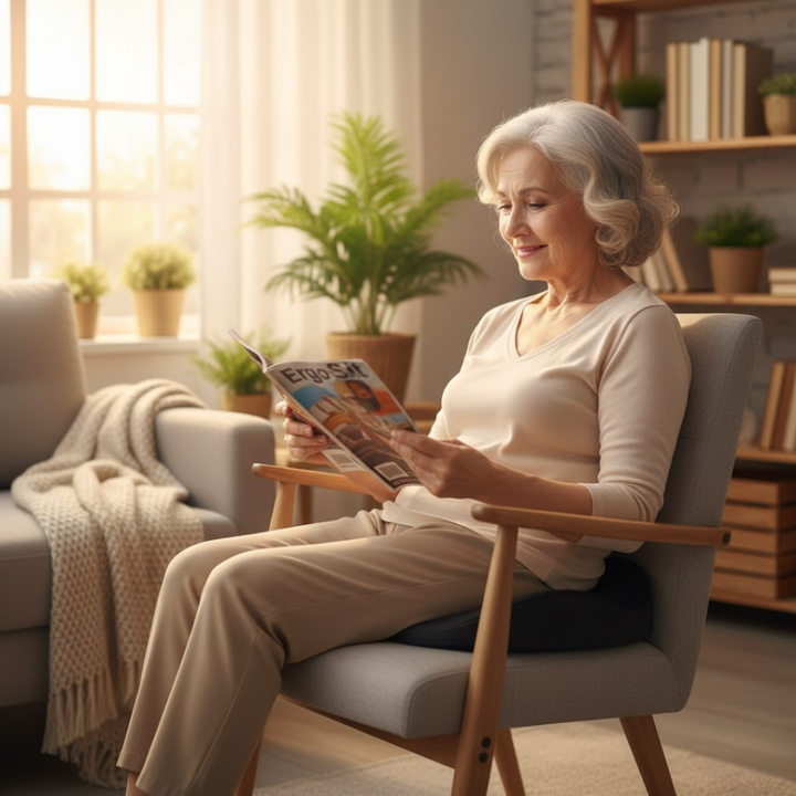 Forebyg rygsmerter med ergonomisk siddepude i memory skum, perfekt til kontor og lange ture.