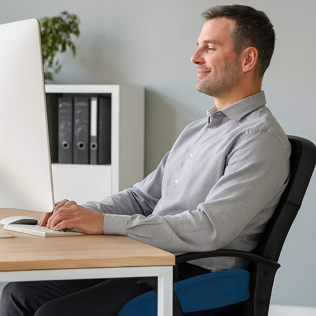 Ergonomisk VezaSeat siddekude af memoryskum for smertefri komfort og støtte til haleben og ryg.