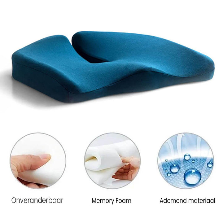 VezaSeat ergonomisk siddekude af memoryskum. Lindrer rygsmerter og støtter haleben i kontorstol eller bil.