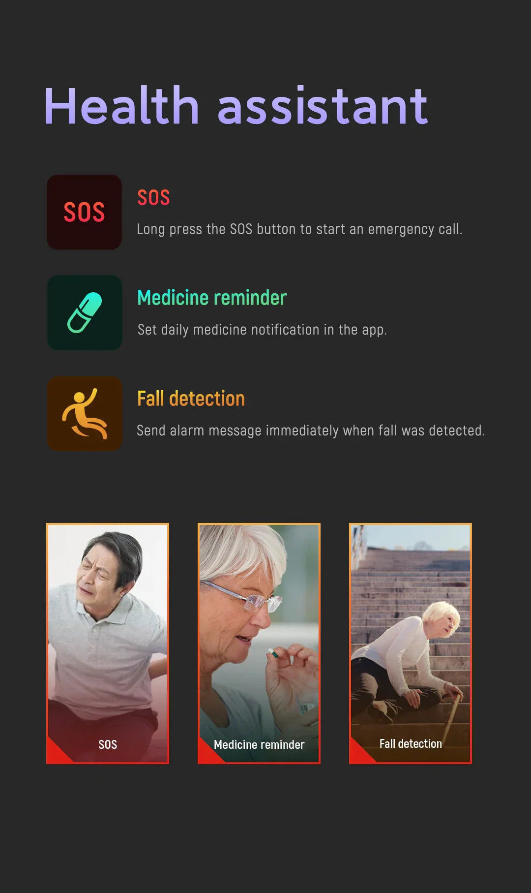 Trygt 4G GPS-smartwatch til ældre. Inkluderer falddetektion og telemedicin-kompatibilitet.