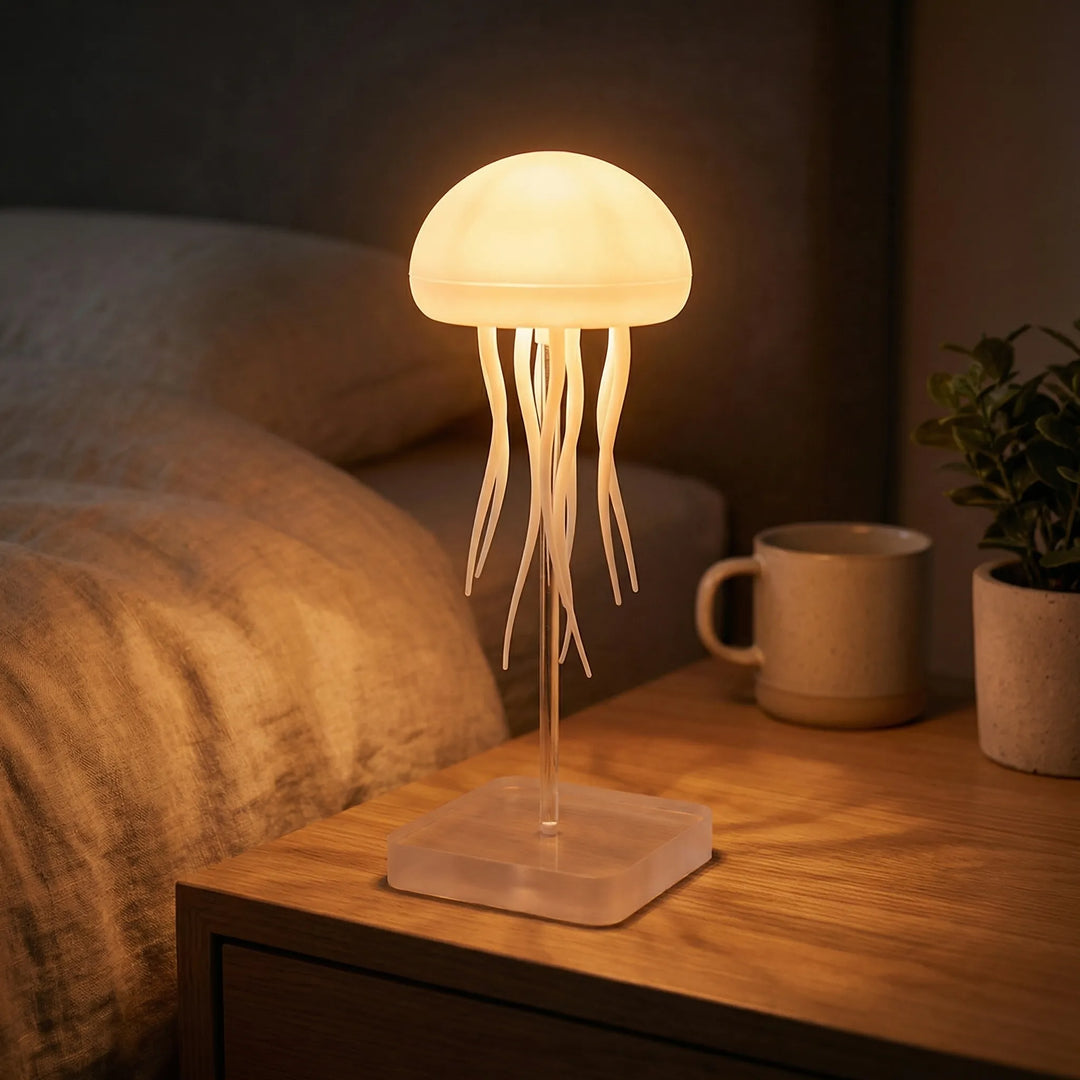 Farveskiftende LED-lampe med vandmandseffekt skaber unik stemning i stuen.