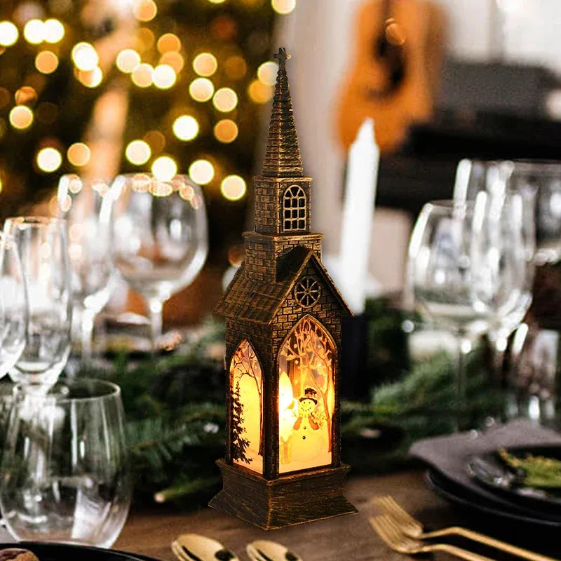 Batteridrevet 20 cm LED julelanterne med snemand, julemand og rensdyr motiver for julestemning.