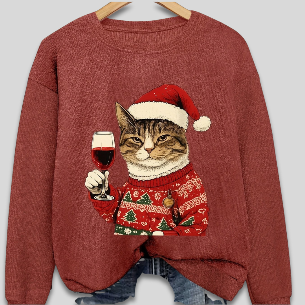 Sjov julesweater til katteelskere med humoristisk kat og vin. Den perfekte julegave til hende og julefester.