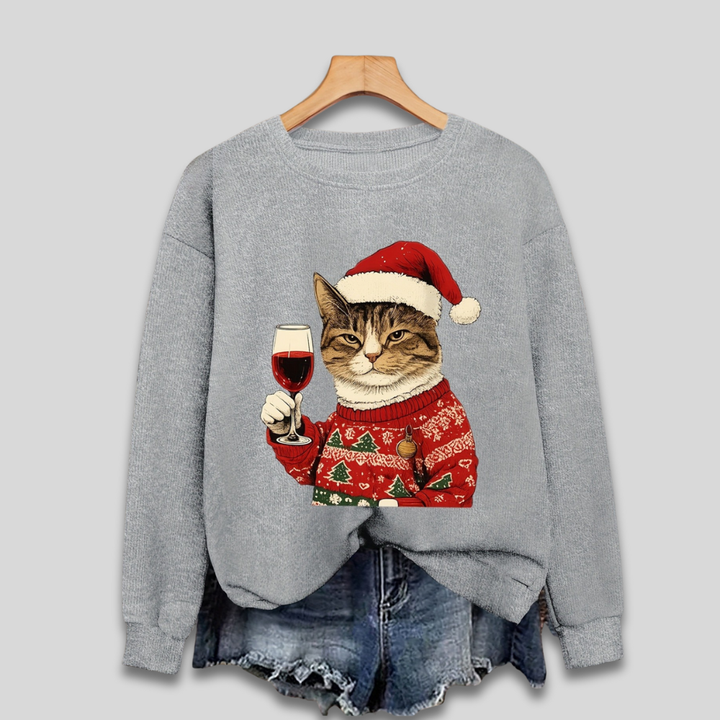 Hyggelig damesweater med charmerende vinmotiv og kat. Trendy og komfortabel julesweater til vinter og jul.