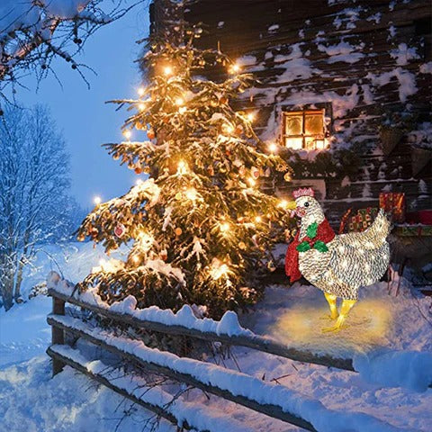 Dekorativt kyllingelys med tørklæde som julepynt. Velegnet som indendørs eller udendørs juledekoration.