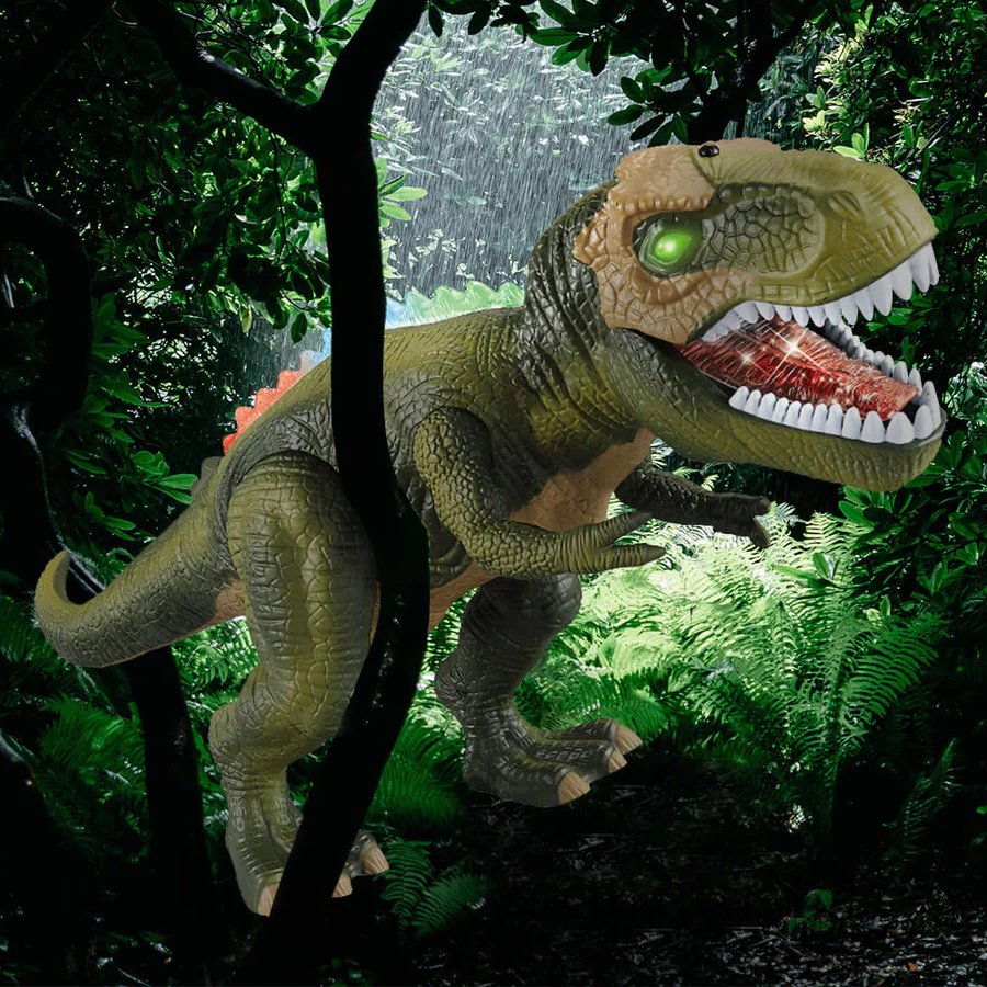 Nærbillede af fjernbetjent T-Rex dinosaur legetøj i plast, med realistisk tekstur og design.