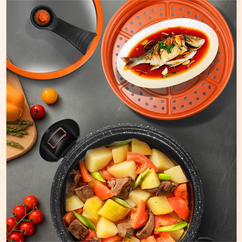 Non-stick FlamePulse trykkoger i rustfrit stål for nem rengøring og sund madlavning.