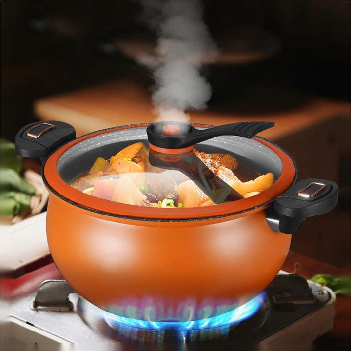 Kompakt FlamePulse trykkoger i non-stick materiale, ideel til små køkkener og sund mad.