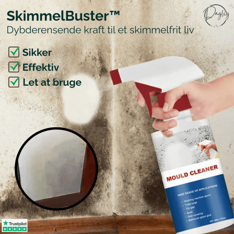 Flaske med Effektiv Skimmelfjerner Skumspray til dybdegående rengøring af hjemmet.