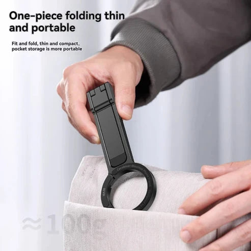 Bærbar mobilholder/tripod med karabinhage, ideel til rejser og stabil optagelse af videoer.