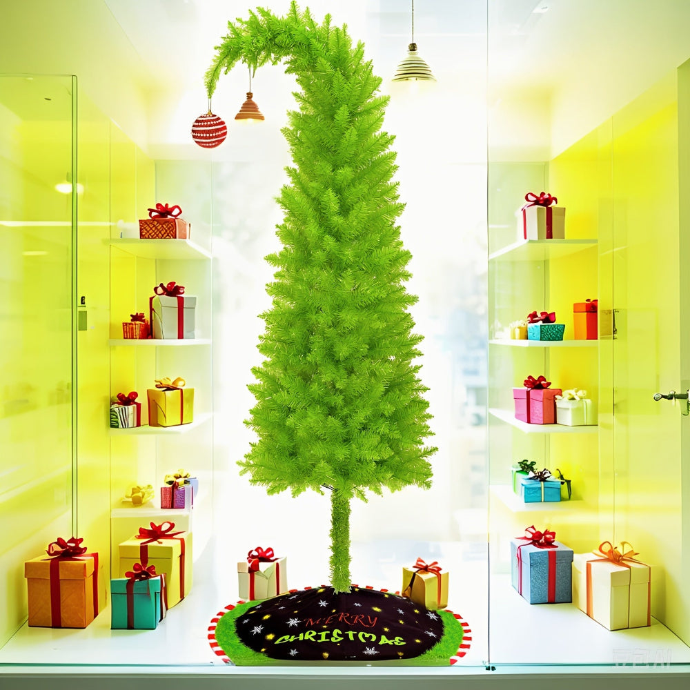 Fleksibelt juletræ i minimalistisk stue, perfekt for moderne julepynt og pladsbesparende juledekoration.