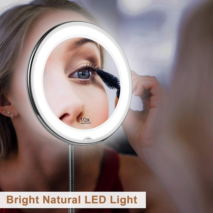 Hvidt makeup LED-spejl med 10x forstørrelse, ideelt til hudpleje og grooming på badeværelset.