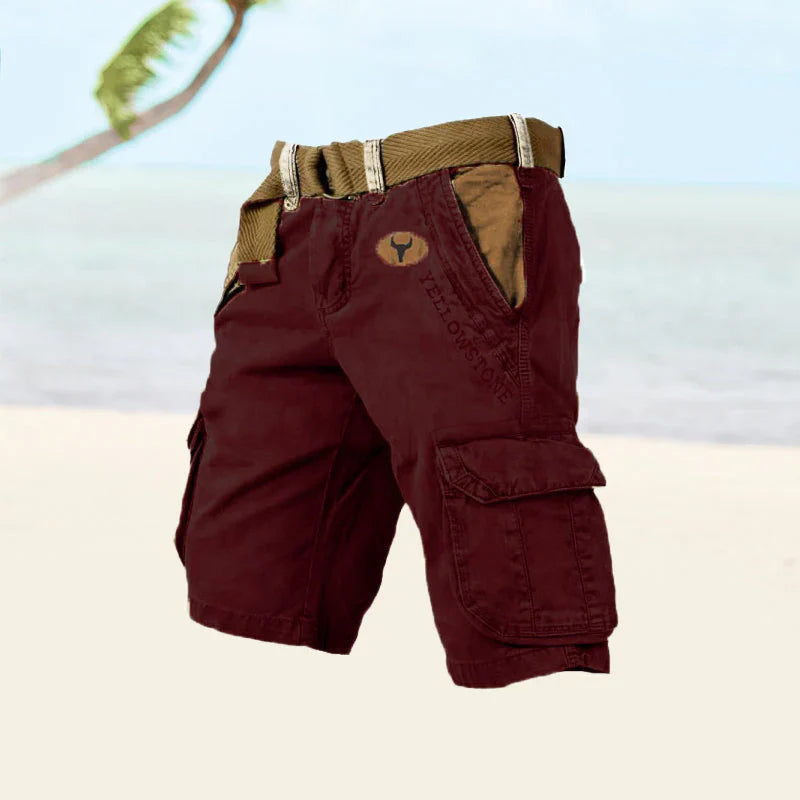 "FlexEase alsidige cargoshorts til mænd, holdbar twill og ripstop, med seks lommer i klassiske farver, perfekt til udendørsbr