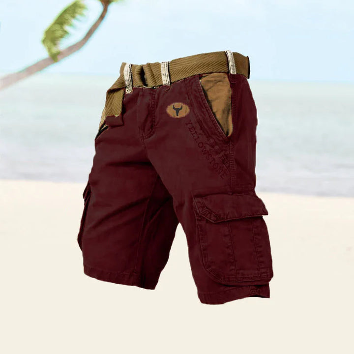 "FlexEase alsidige cargoshorts til mænd, holdbar twill og ripstop, med seks lommer i klassiske farver, perfekt til udendørsbr