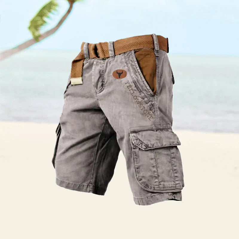 "FlexEase alsidige cargoshorts til mænd, holdbar twill og ripstop, med seks lommer i klassiske farver, perfekt til udendørsbr