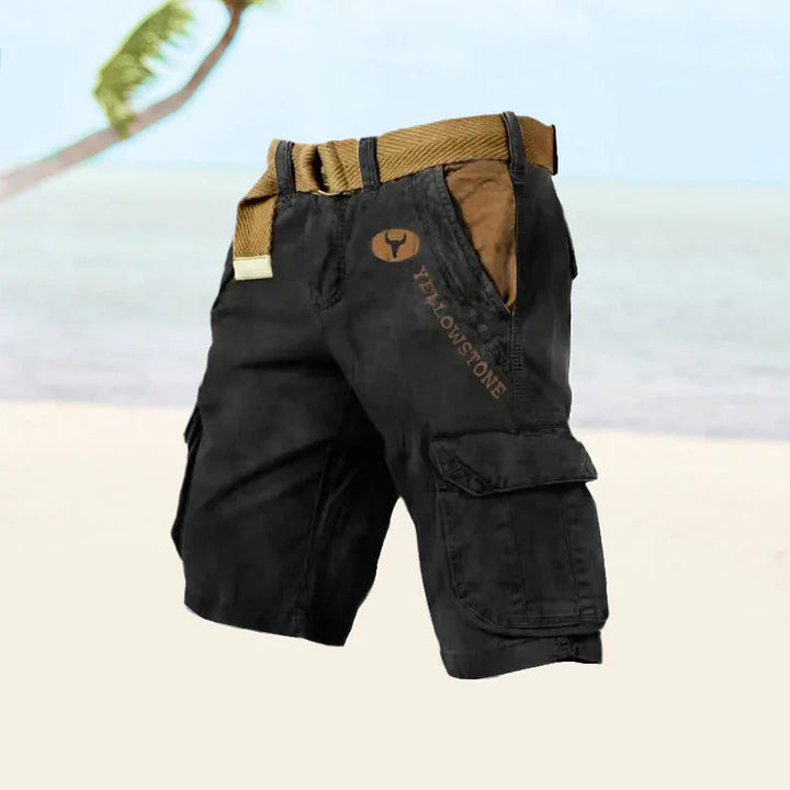 "FlexEase alsidige cargoshorts til mænd, holdbar twill og ripstop, med seks lommer i klassiske farver, perfekt til udendørsbr