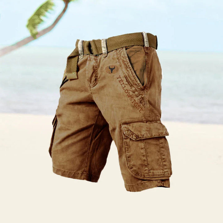 "FlexEase alsidige cargoshorts til mænd, holdbar twill og ripstop, med seks lommer i klassiske farver, perfekt til udendørsbr
