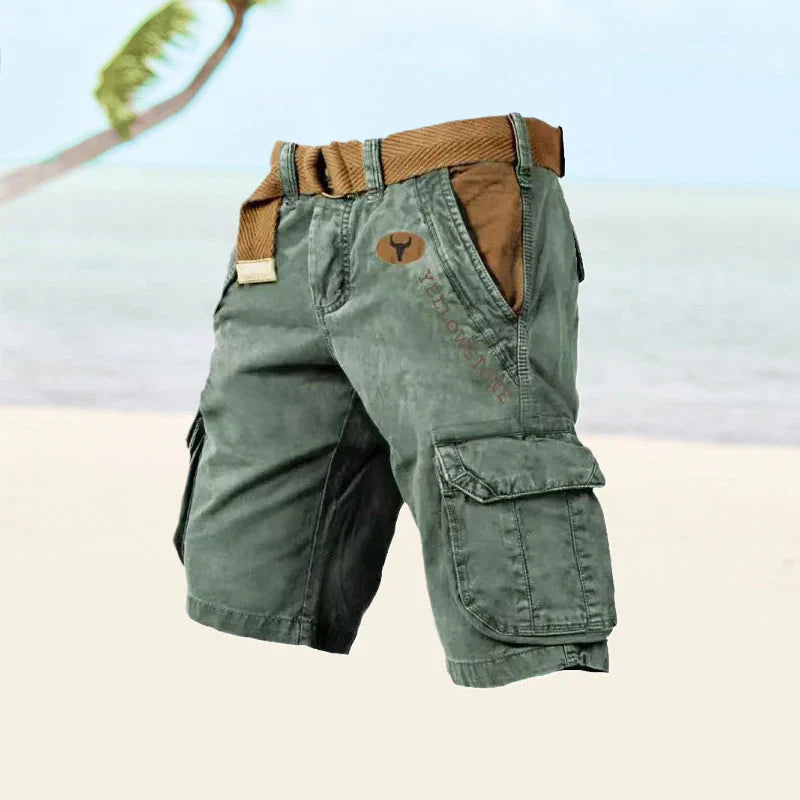 "FlexEase alsidige cargoshorts til mænd, holdbar twill og ripstop, med seks lommer i klassiske farver, perfekt til udendørsbr