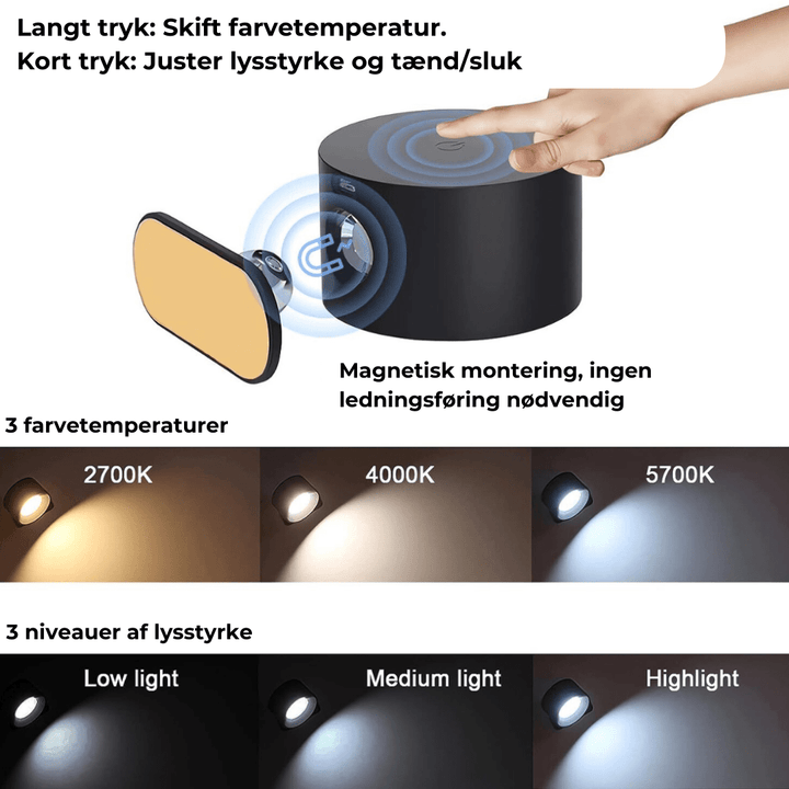 "Flexlight 360° trådløs væglampe; hvid, stilfuld design, USB-opladning, drejbar for fleksibel belysning i hjemmet."