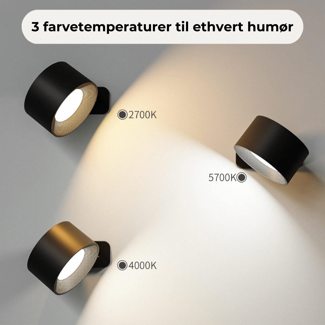 "Flexlight 360° trådløs væglampe; hvid, stilfuld design, USB-opladning, drejbar for fleksibel belysning i hjemmet."