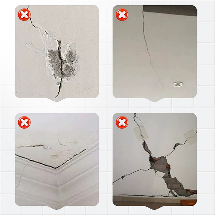 Før/efter: Revnet væg repareret med FlexWrap reparationspasta, malerklar overflade.