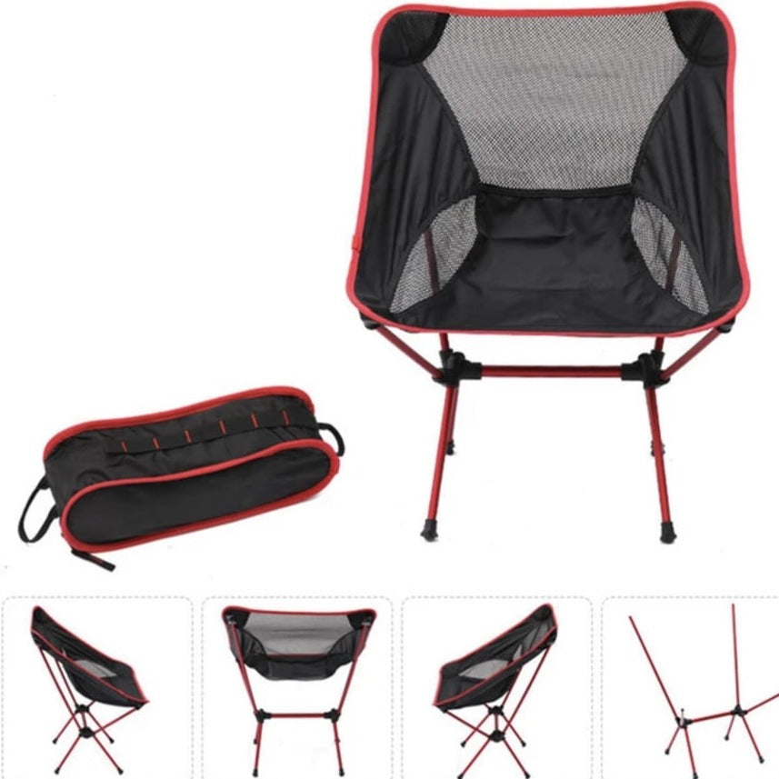 "Foldbar UltraLightChair i letvægtigt design, perfekt til camping og udendørsbrug, blå netstof og robuste stålstænger."